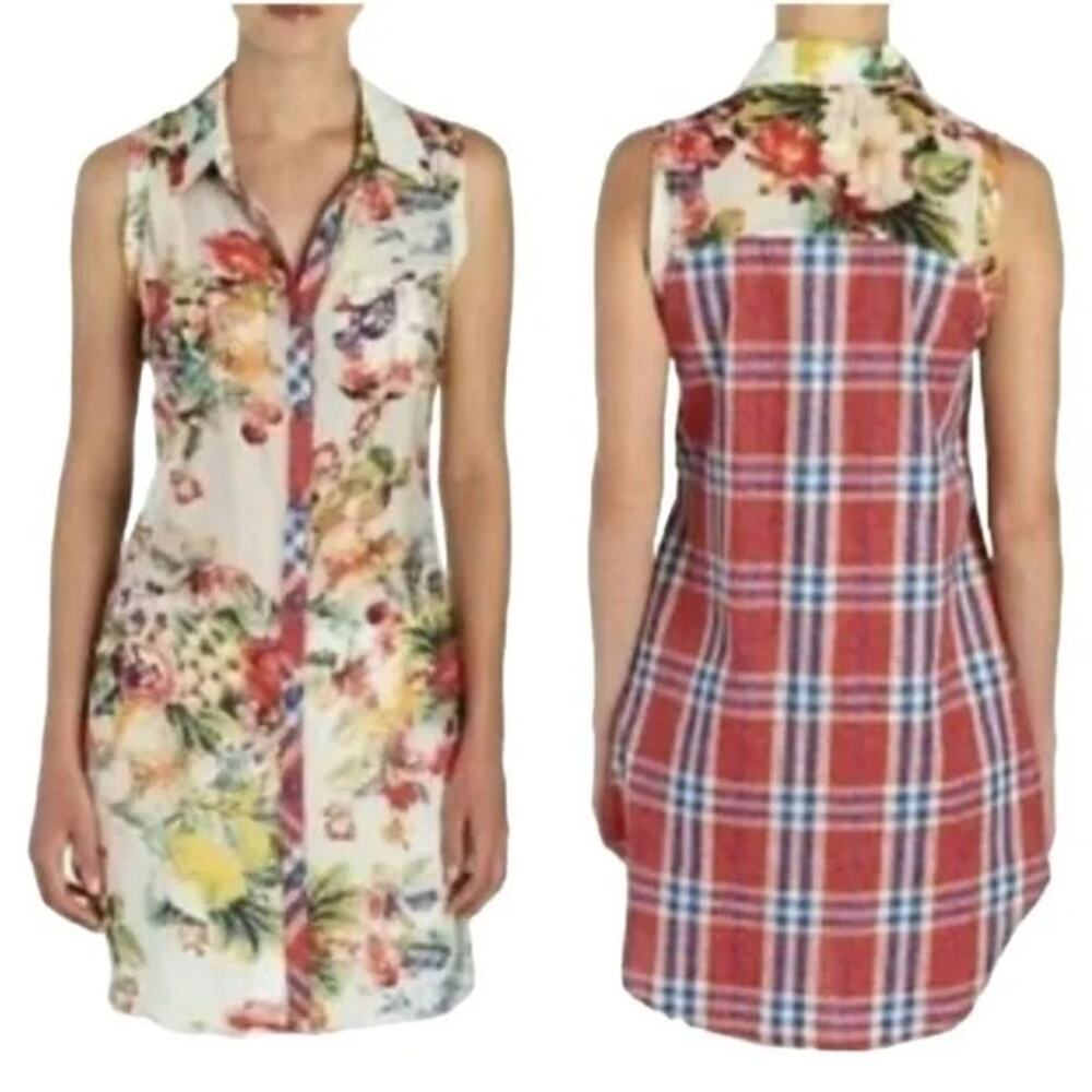 Cyrena Shirt Dress Women Size XL Blue Floral Plaid Sleeveless Beach Resortwear